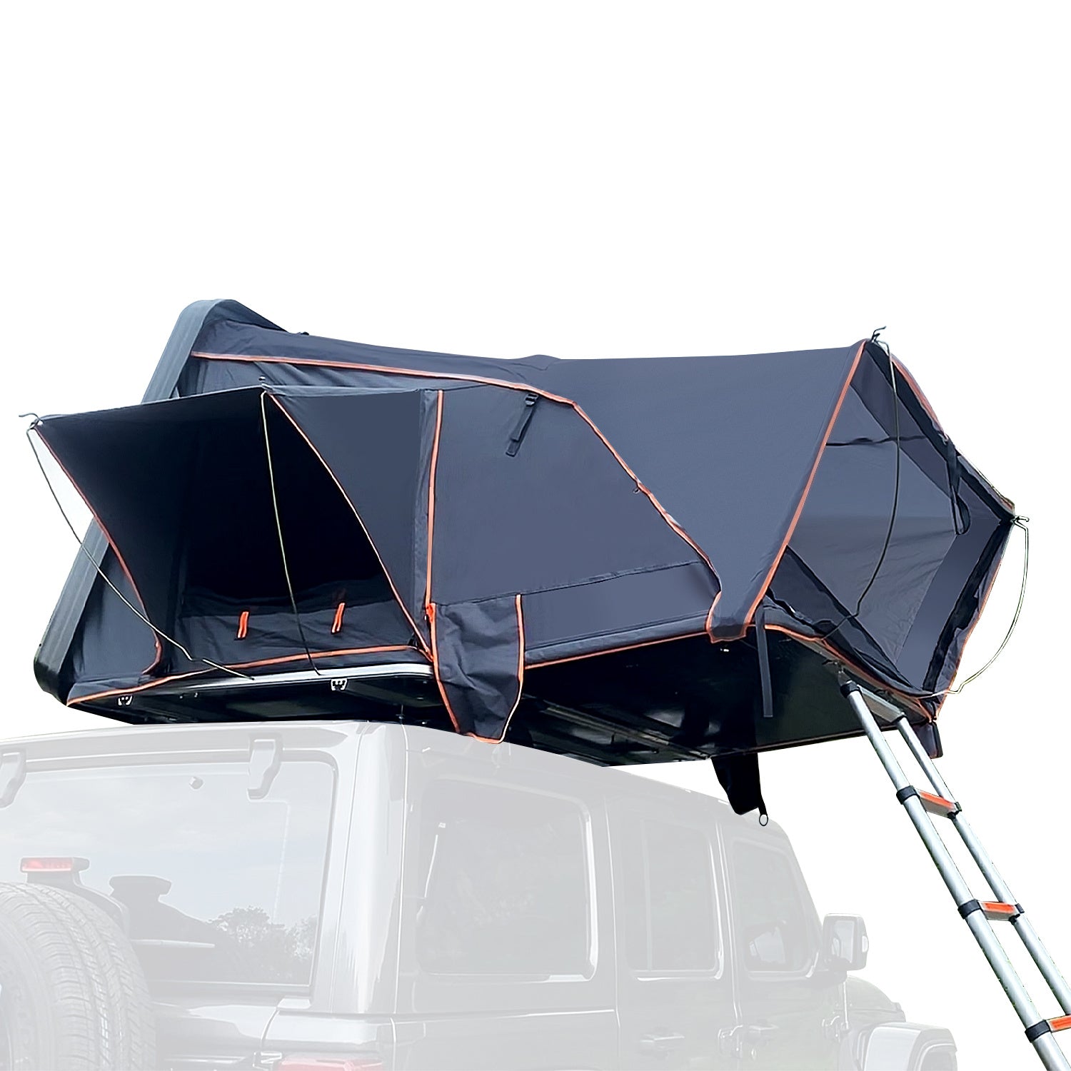 Trustmade Pioneer Series Fold-Out Style Hard Shell Rooftop Tent (ABS Plastic)-Hard Shell Rooftop Tent-Trustmade-Grey open with ladder on white background-Car Camp Pro