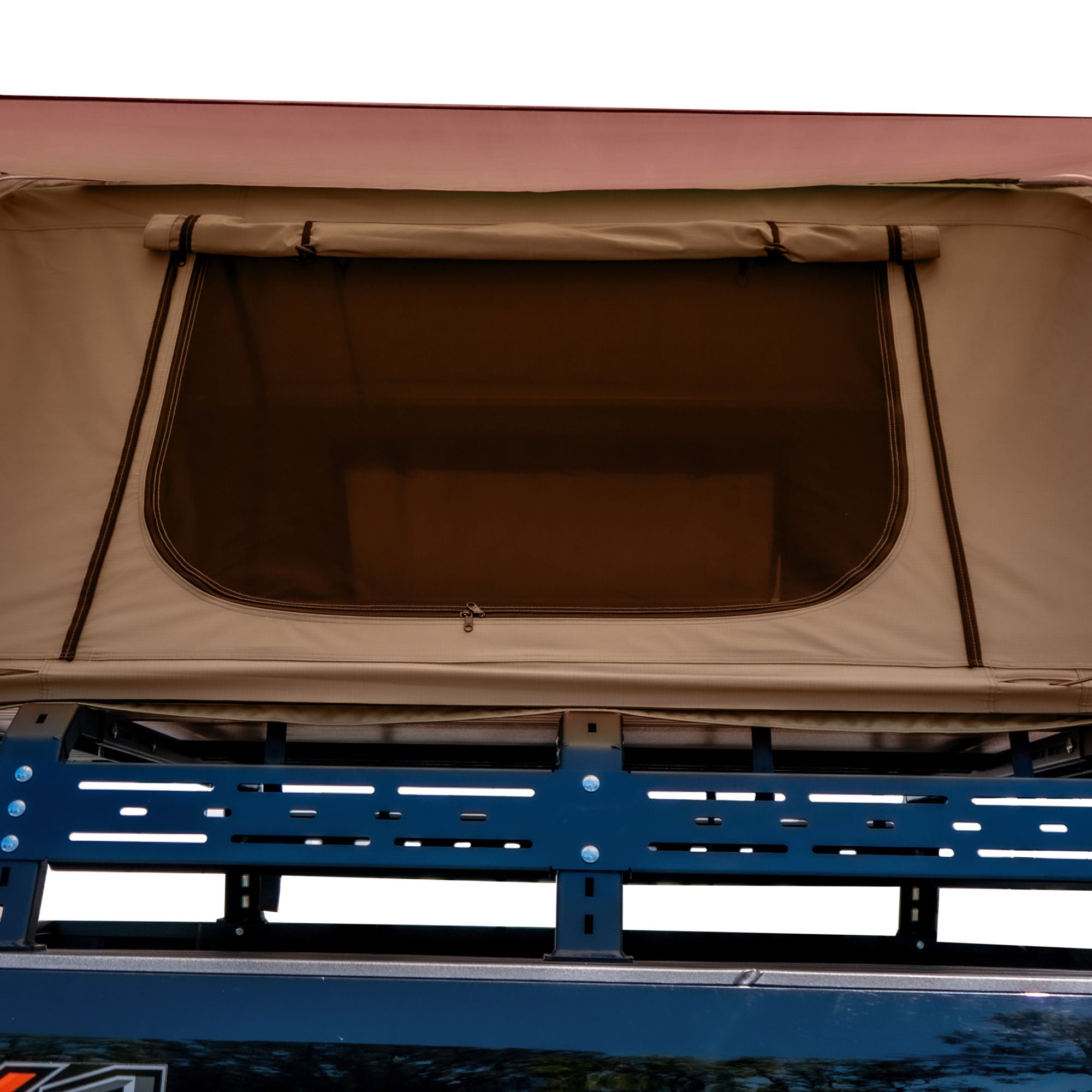 Trustmade Wander Pro Series - Extended Size Soft Shell Rooftop Tent-Soft Shell Rooftop Tent-Trustmade-Beige & Orange window close up-Car Camp Pro