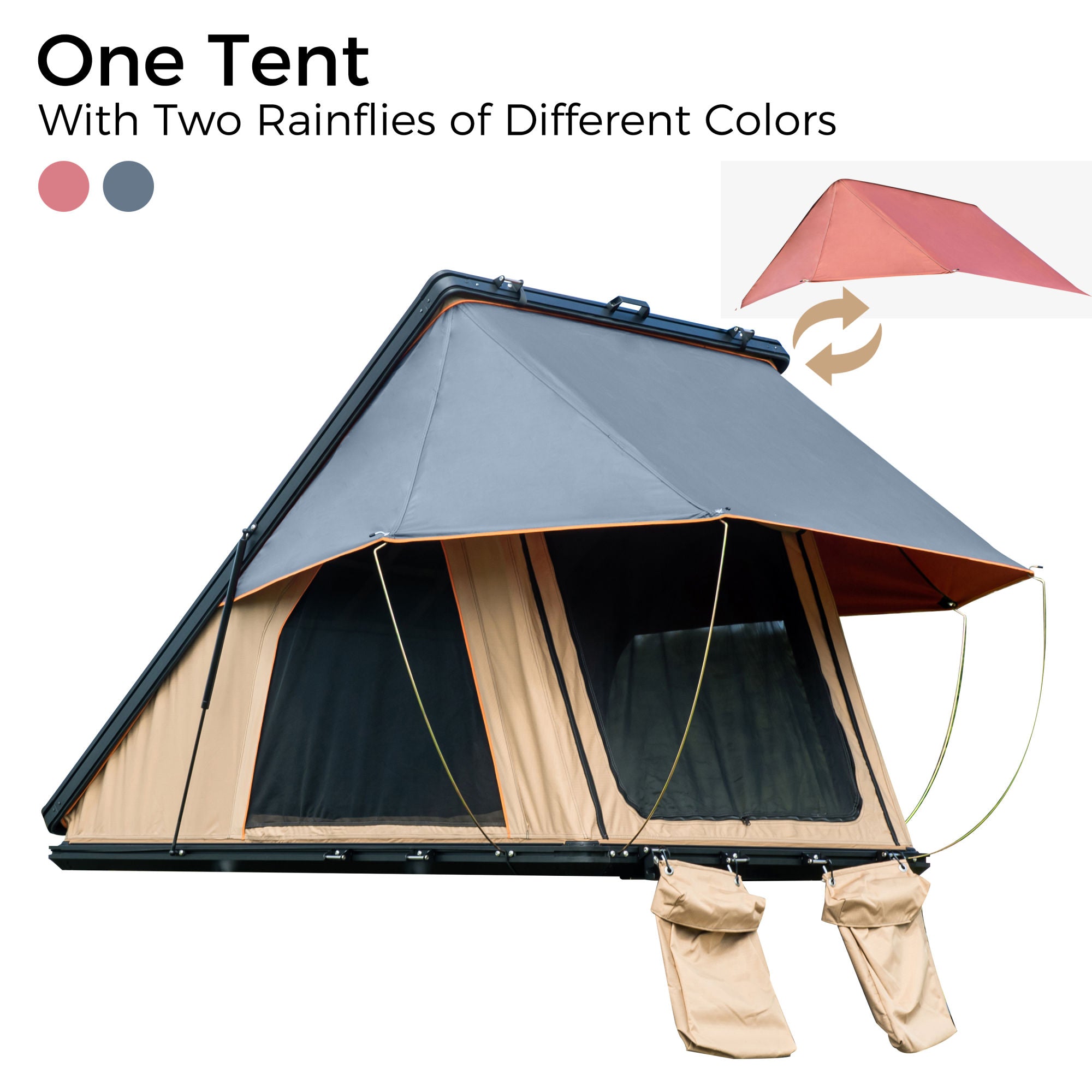 Trustmade Scout MAX Series - Triangular Hard Shell Rooftop Tent assembled on white background showing red and blue colors