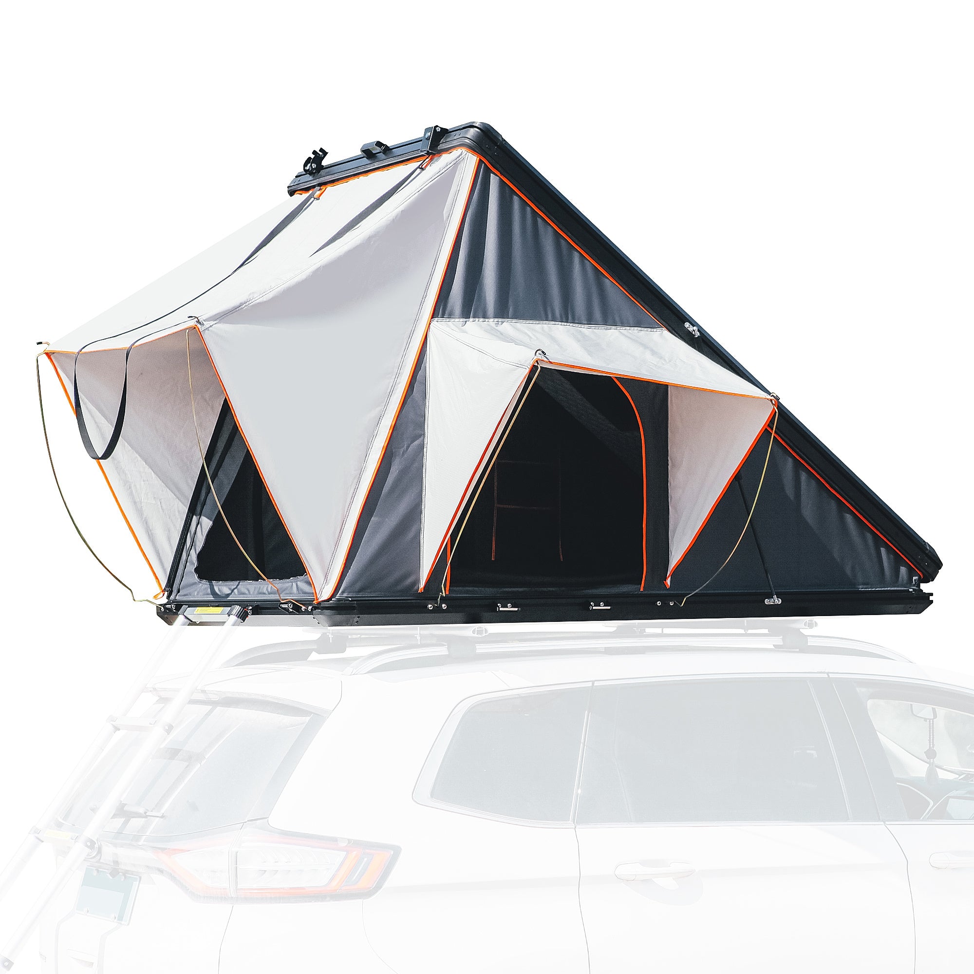 Trustmade Scout Pro Series - Triangular Hard Shell Rooftop Tent open on white background on vehicle